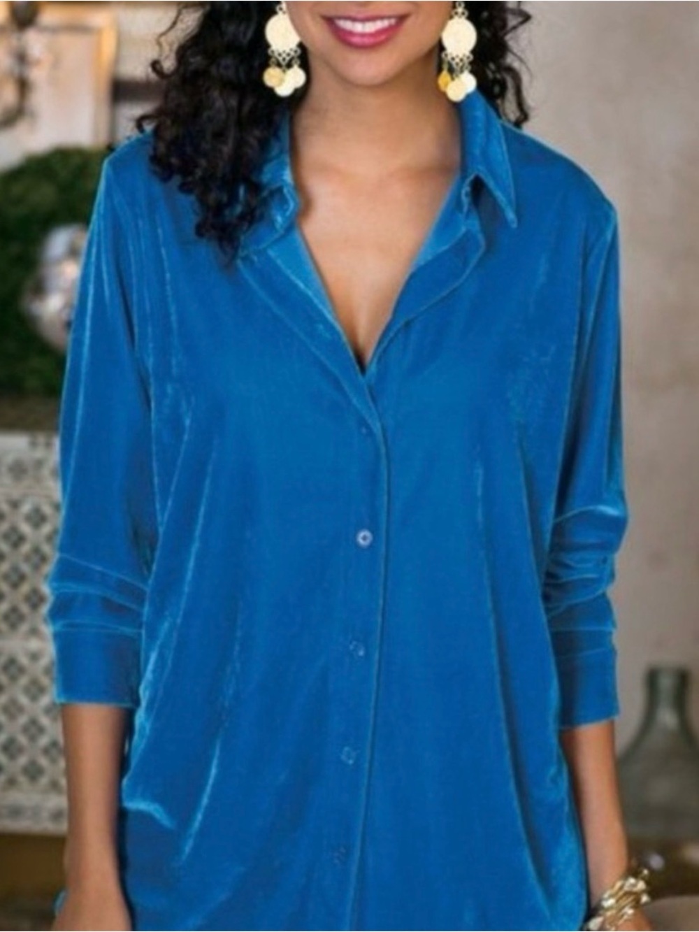 Soft Surroundings Velvet Boyfriend Tunic Shirt Size L Blue Velour Blouse